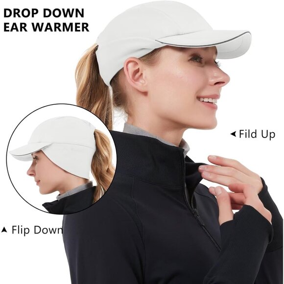 ? Women\'s White Winter Reflective Fleece Ponytail Hat with Ear Warmers